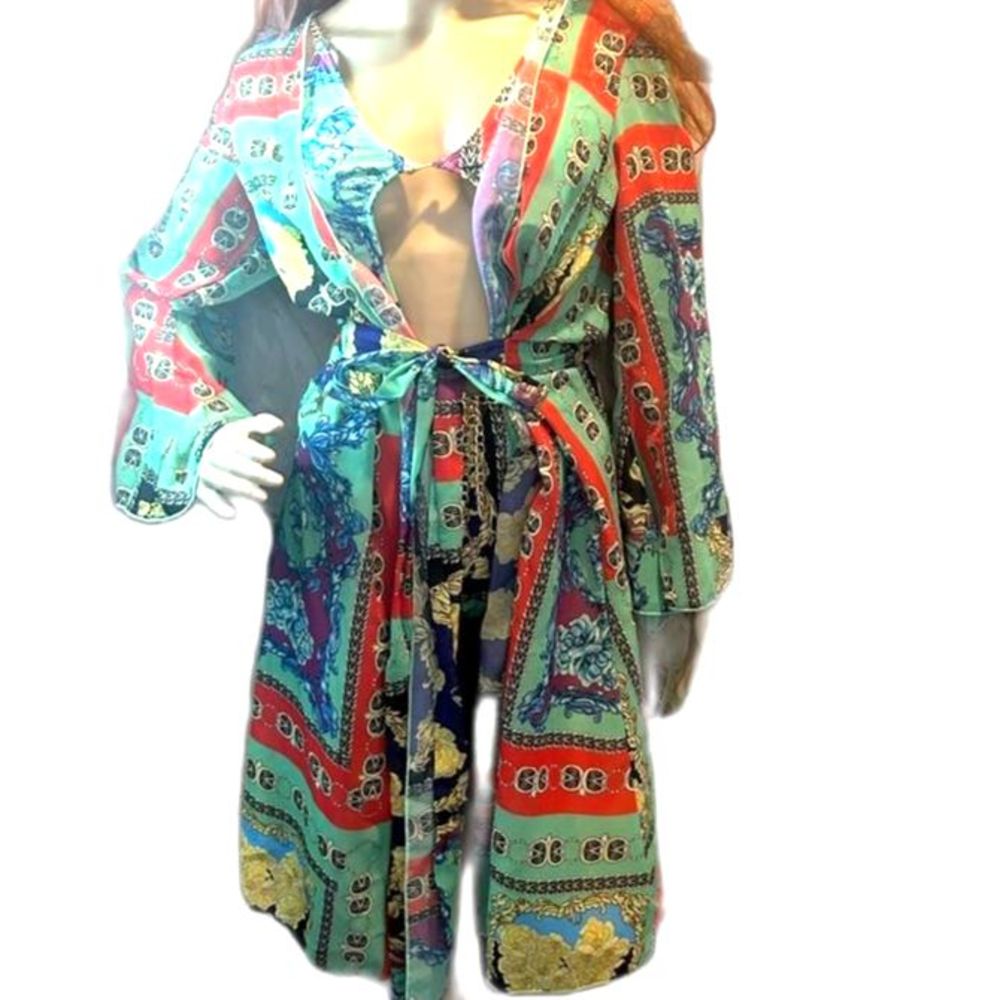 2 pc cover up and suit print gold chain tie  cover up mid length sheer NWOT S
